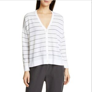 Eileen Fisher Striped V Neck Cardigan Sweater White